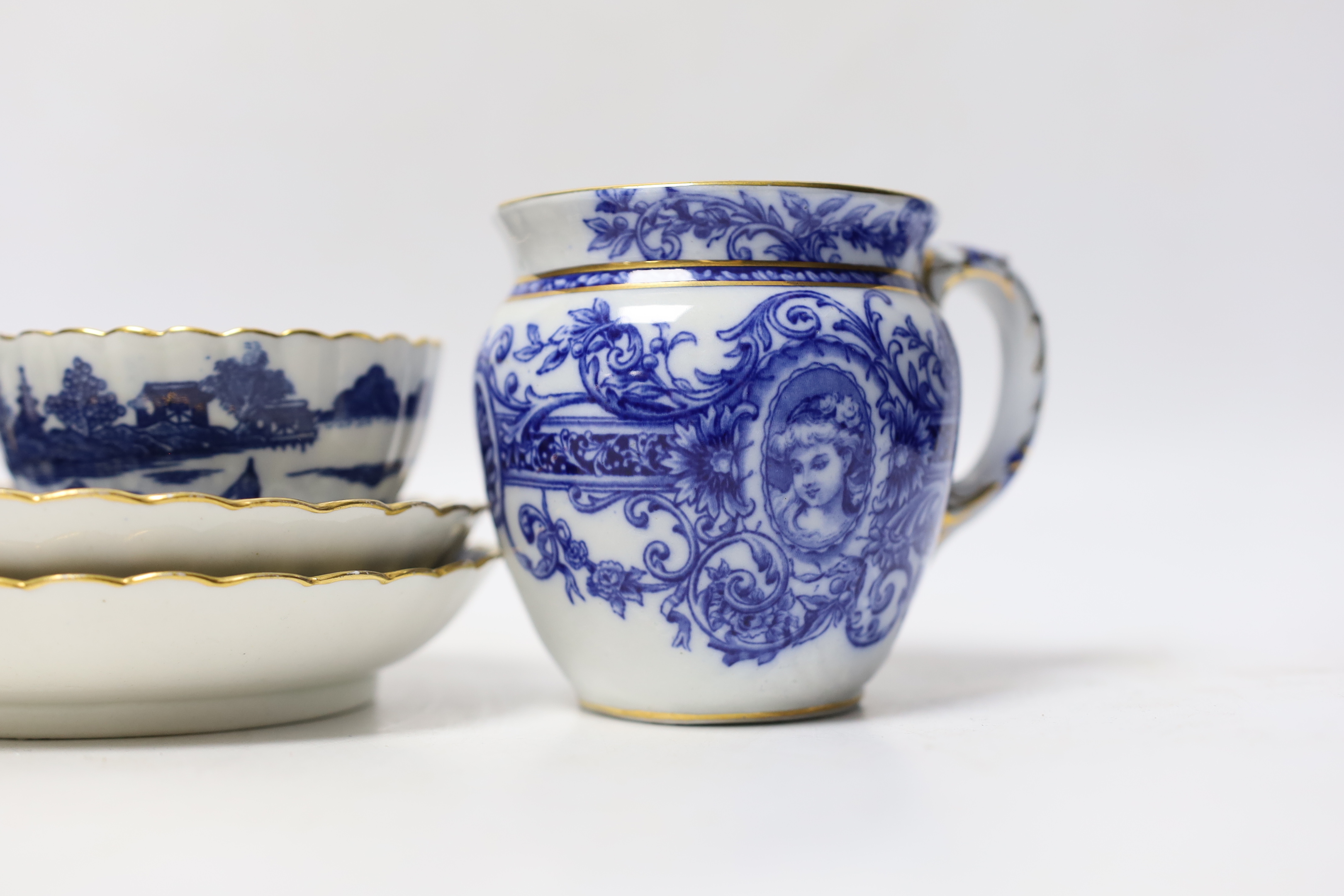 Liverpool, Seth Pennington and John Part, a Porter and Ferryman pattern coffee cup, c.1780, together with an early 19th century Pearlware blue and white mug and further blue and white wares (5)